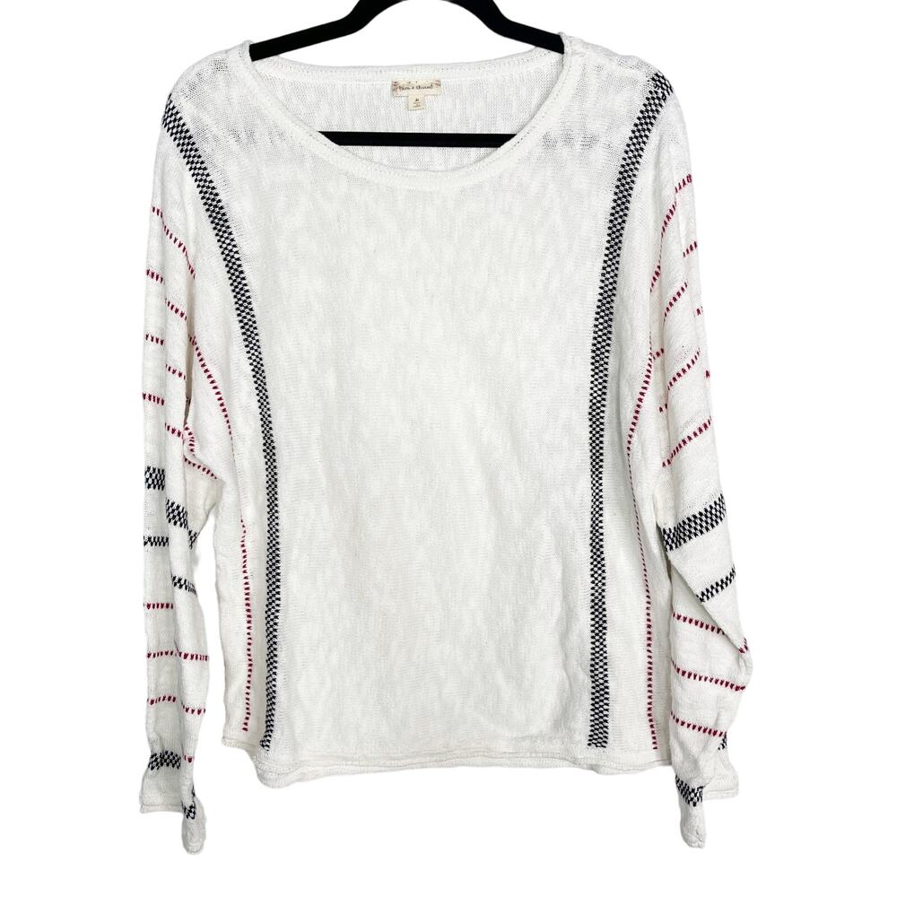 New Hem & Thread Medium M White Striped Sleeve Scoop Neck Sweater Baseball